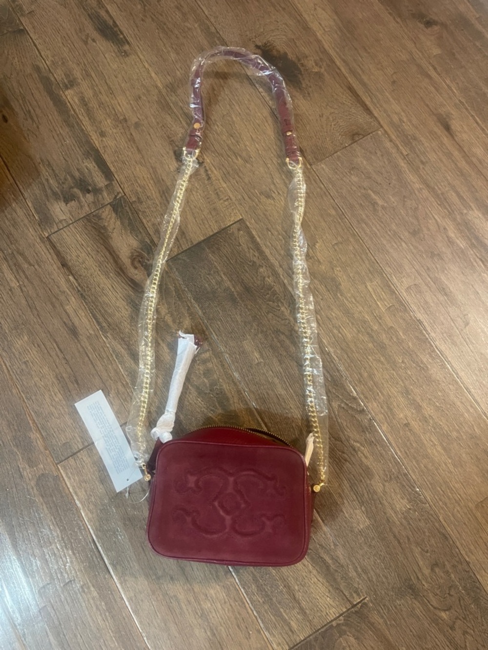 C. Wonder Burgundy Embossed Camera Crossbody with Gold Chain